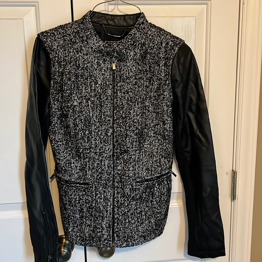 Express black & white coat with faux leather sleeves, size small